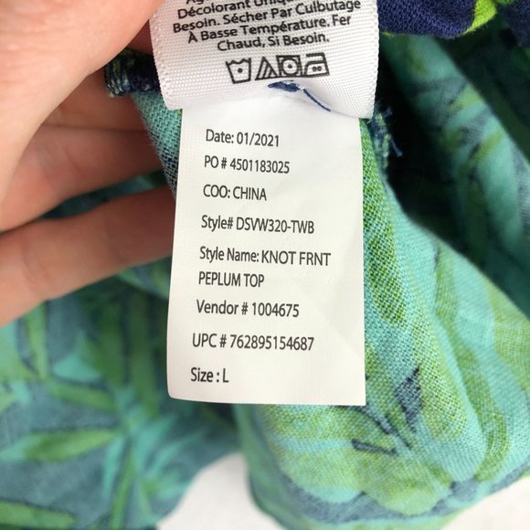 Sofia Jeans Women's Size Large Linen Blend Knot Front Blue Green Leaf Peplum Top - Picture 10 of 14
